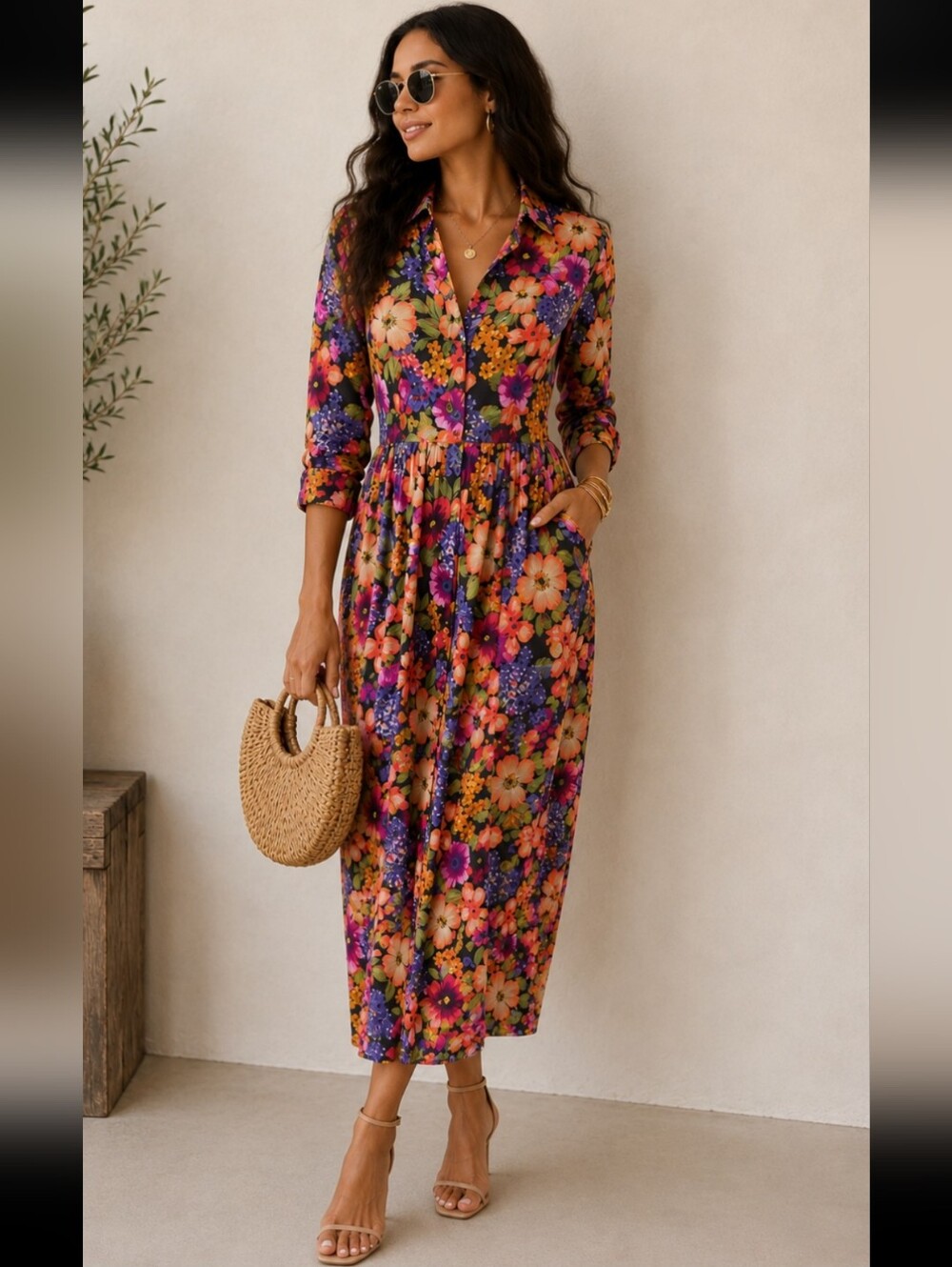 Michael Matisse Newyork Floral Button-Front Midi Dress in Multicolor